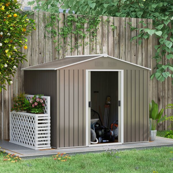 Outsunny Garden Storage Shed, Metal Garden Tool Shed with Ventilation and Sliding Doors, 7.7 x 5.7ft, Light Grey Aosom UK