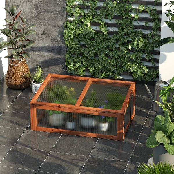 Outsunny Wooden Framed Polycarbonate Cold Frame Greenhouse for Plants Outdoor w/ Openable & Tilted Top Cover, PC Board, 100 x 65 x 40cm Aosom UK