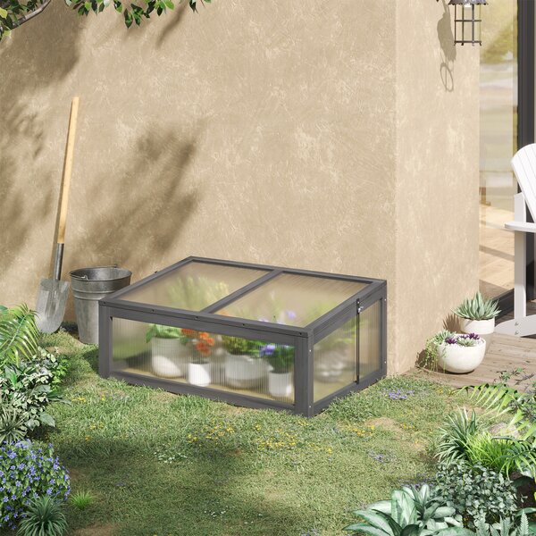 Outsunny Cold Frame Greenhouse, Wooden Frame with Polycarbonate Board, Openable & Tilted Top, 100x65x40cm, Grey Aosom UK