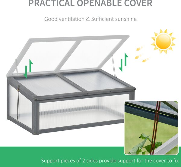 Outsunny Cold Frame Greenhouse, Wooden Frame with Polycarbonate Board, Openable & Tilted Top, 100x65x40cm, Grey Aosom UK