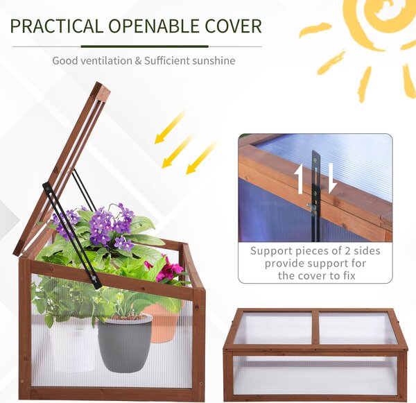 Outsunny Wooden Framed Polycarbonate Cold Frame Greenhouse for Plants Outdoor w/ Openable & Tilted Top Cover, PC Board, 100 x 65 x 40cm Aosom UK