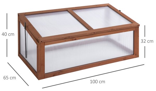 Outsunny Wooden Framed Polycarbonate Cold Frame Greenhouse for Plants Outdoor w/ Openable & Tilted Top Cover, PC Board, 100 x 65 x 40cm Aosom UK