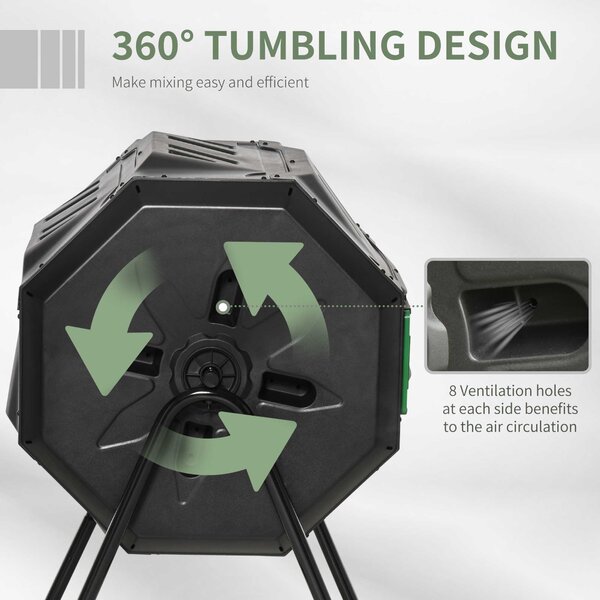 Outsunny 160L Tumbling Compost Bin Outdoor Dual Chamber 360° Rotating Composter w/ Sliding Doors & Solid Steel Frame, Black
