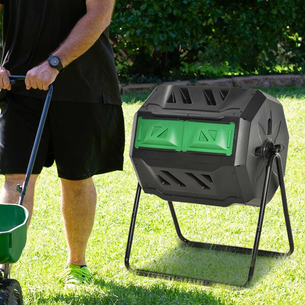 Outsunny 160L Tumbling Compost Bin Outdoor Dual Chamber 360° Rotating Composter w/ Sliding Doors & Solid Steel Frame, Black