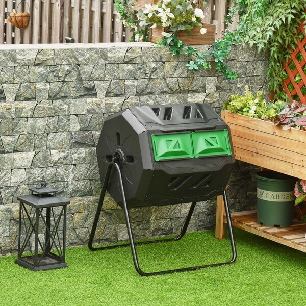 Outsunny 160L Tumbling Compost Bin Outdoor Dual Chamber 360° Rotating Composter w/ Sliding Doors & Solid Steel Frame, Black