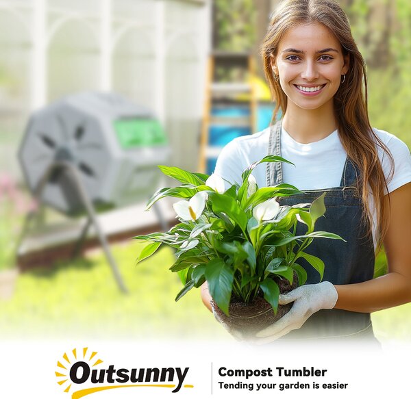 Outsunny 160L Tumbling Compost Bin Outdoor Dual Chamber 360° Rotating Composter w/ Sliding Doors & Solid Steel Frame, Grey