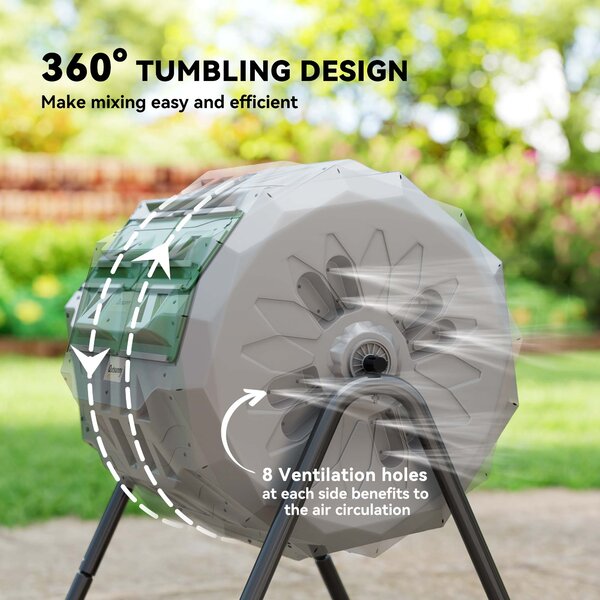 Outsunny 160L Tumbling Compost Bin Outdoor Dual Chamber 360° Rotating Composter w/ Sliding Doors & Solid Steel Frame, Grey