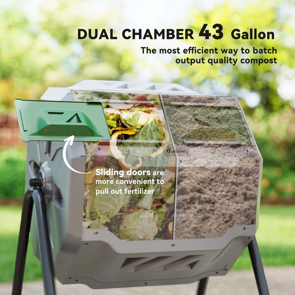Outsunny 160L Tumbling Compost Bin Outdoor Dual Chamber 360° Rotating Composter w/ Sliding Doors & Solid Steel Frame, Grey