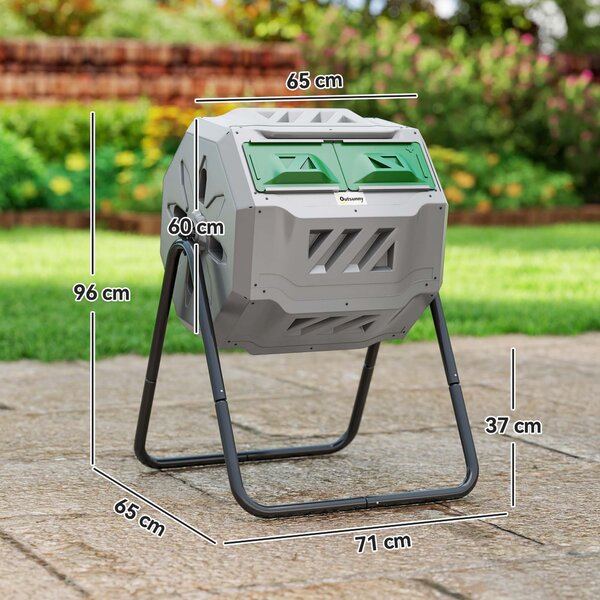 Outsunny 160L Tumbling Compost Bin Outdoor Dual Chamber 360° Rotating Composter w/ Sliding Doors & Solid Steel Frame, Grey