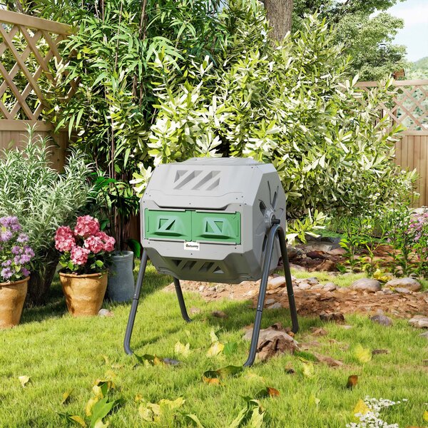 Outsunny 160L Tumbling Compost Bin Outdoor Dual Chamber 360° Rotating Composter w/ Sliding Doors & Solid Steel Frame, Grey