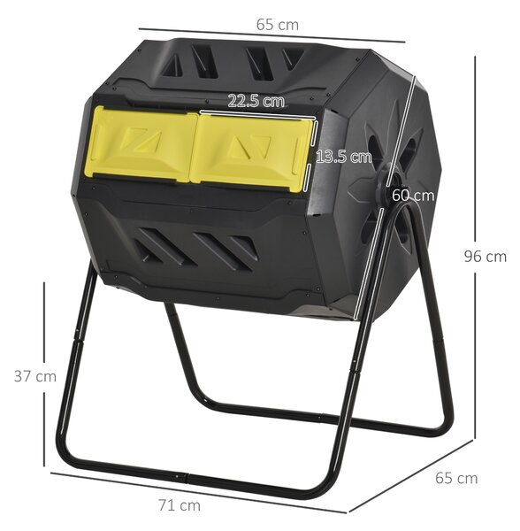 Outsunny 160L Tumbling Compost Bin Outdoor Dual Chamber 360° Rotating Composter, Garden Compost Bin w/ Sliding Doors & Solid Steel Frame, Yellow