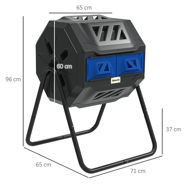 Outsunny 160L Tumbling Compost Bin Outdoor Dual Chamber 360° Rotating Composter, Garden Compost Bin w/ Sliding Doors & Solid Steel Frame, Blue