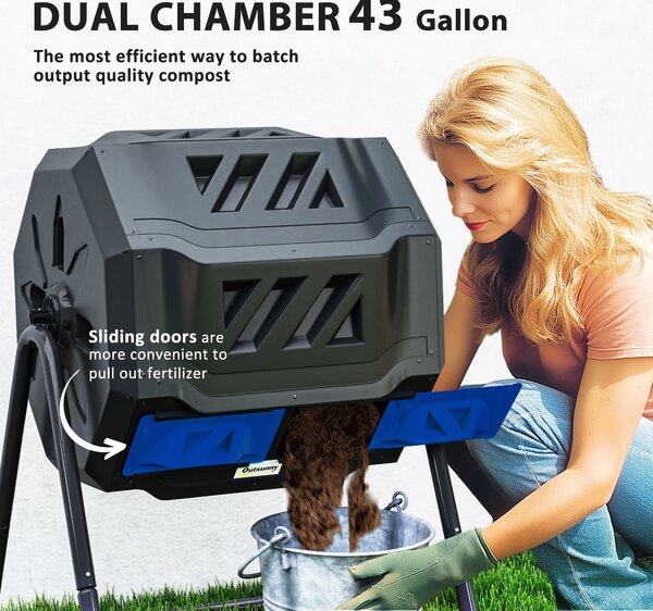 Outsunny 160L Tumbling Compost Bin Outdoor Dual Chamber 360° Rotating Composter, Garden Compost Bin w/ Sliding Doors & Solid Steel Frame, Blue