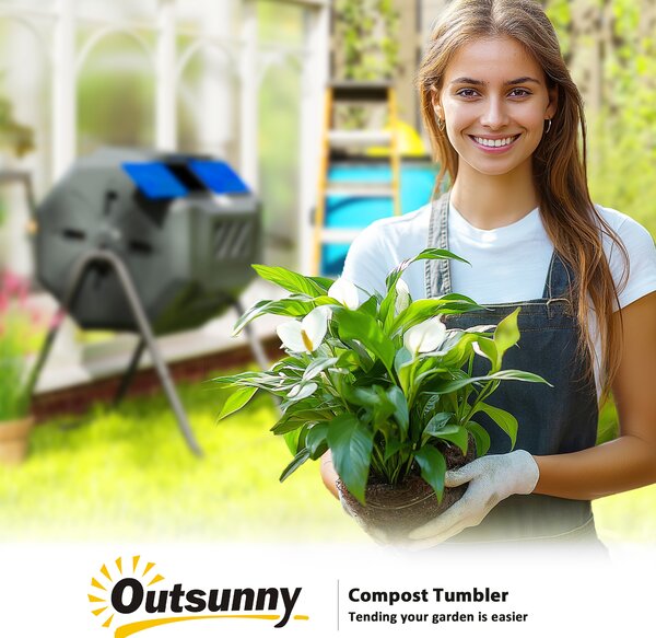 Outsunny 160L Tumbling Compost Bin Outdoor Dual Chamber 360° Rotating Composter, Garden Compost Bin w/ Sliding Doors & Solid Steel Frame, Blue