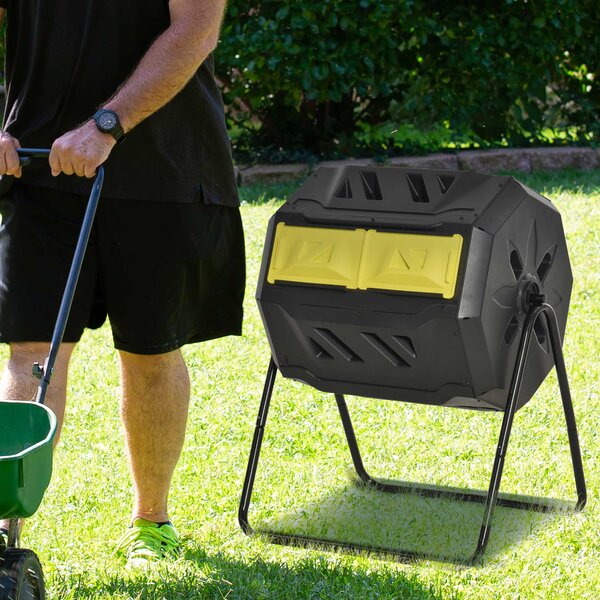 Outsunny 160L Tumbling Compost Bin Outdoor Dual Chamber 360° Rotating Composter, Garden Compost Bin w/ Sliding Doors & Solid Steel Frame, Yellow
