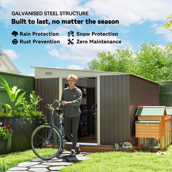 Outsunny 11 x 9 ft Metal Garden Storage Shed Sloped roof Tool House with Double Sliding Doors and 2 Air Vents, Grey