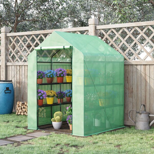 Outsunny Garden Greenhouse, Lean-to Greenhouse with Shelving, Removable Cover Steeple Polytunnel for Nurturing Plants, Verdant Aosom UK