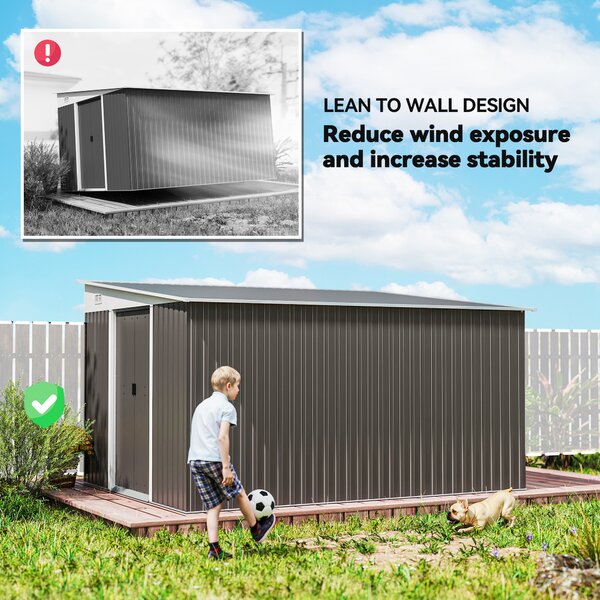Outsunny 11 x 9 ft Metal Garden Storage Shed Sloped roof Tool House with Double Sliding Doors and 2 Air Vents, Grey