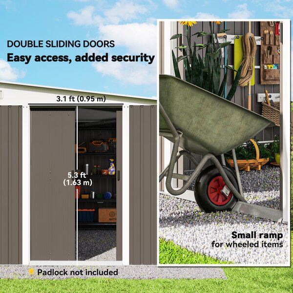 Outsunny 11 x 9 ft Metal Garden Storage Shed Sloped roof Tool House with Double Sliding Doors and 2 Air Vents, Grey