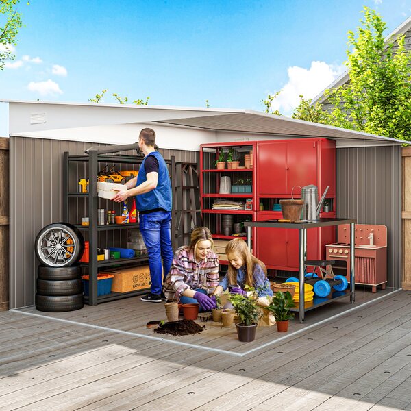 Outsunny 11 x 9 ft Metal Garden Storage Shed Sloped roof Tool House with Double Sliding Doors and 2 Air Vents, Grey