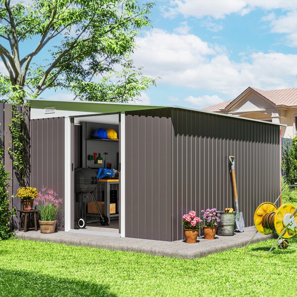 Outsunny 11 x 9 ft Metal Garden Storage Shed Sloped roof Tool House with Double Sliding Doors and 2 Air Vents, Grey
