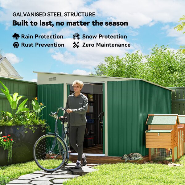 Outsunny 9x11 ft Large Metal Shed Metal Tool House with 2 Sliding Doors and 2 Air Vents, Weather Resistance, Outdoor, Green Aosom UK