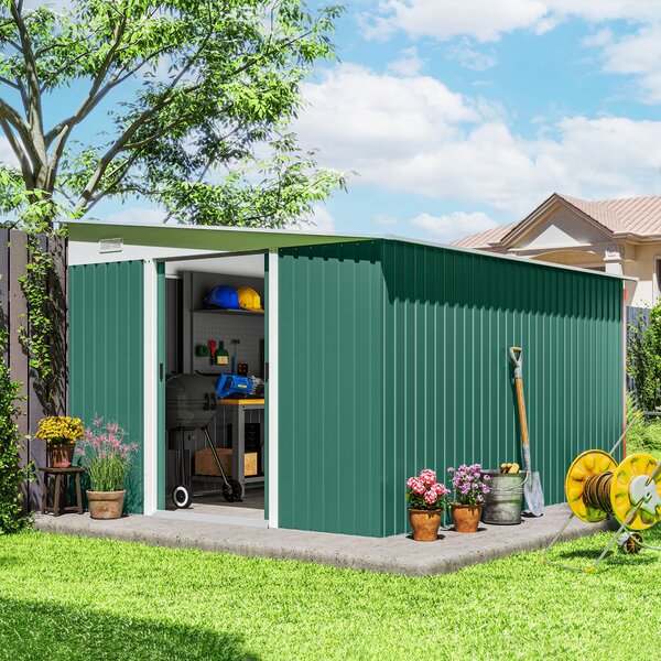 Outsunny 9x11 ft Large Metal Shed Metal Tool House with 2 Sliding Doors and 2 Air Vents, Weather Resistance, Outdoor, Green Aosom UK