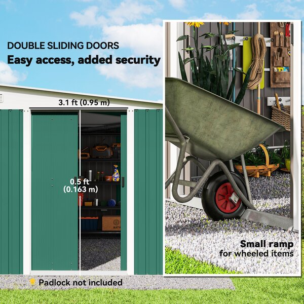 Outsunny 9x11 ft Large Metal Shed Metal Tool House with 2 Sliding Doors and 2 Air Vents, Weather Resistance, Outdoor, Green Aosom UK