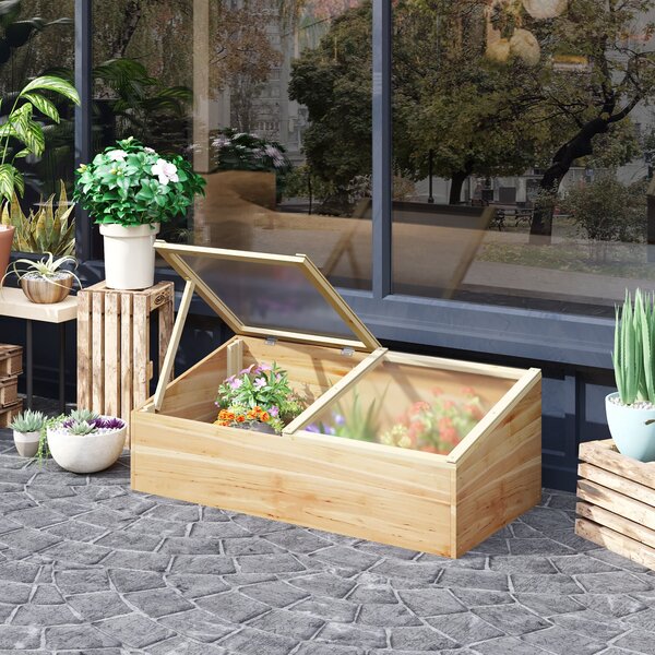 Outsunny Wooden Cold Frame Greenhouse Garden Polycarbonate Grow House for Flowers, Vegetables, Plants, 100 x 50 x 36 cm, Natural Aosom UK
