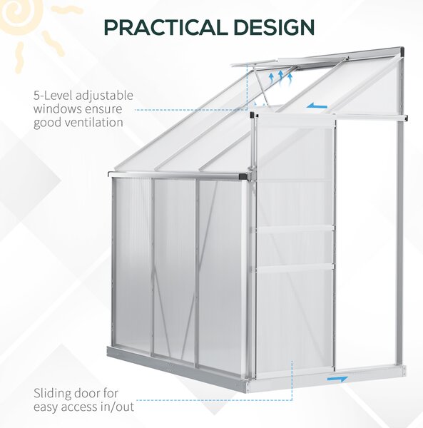 Outsunny Walk In Plastic Greenhouse, Lean to Greenhouse with Adjustable Roof Vent, Rain Gutter and Sliding Door, 2 x 1.2 x 2m, Sliver Aosom UK