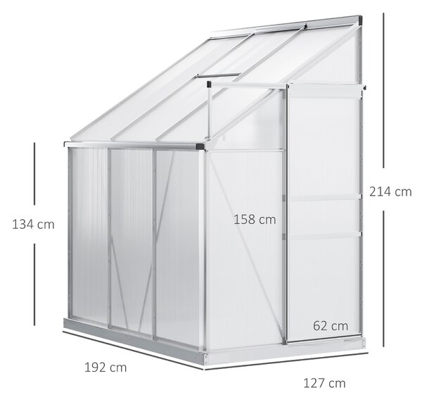 Outsunny Walk In Plastic Greenhouse, Lean to Greenhouse with Adjustable Roof Vent, Rain Gutter and Sliding Door, 2 x 1.2 x 2m, Sliver Aosom UK