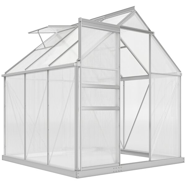 Outsunny 6x6 ft Walk-In Polycarbonate Greenhouse, Durable Aluminium Garden Green House with Adjustable Roof Vent, UV Protection & Galvanised Base for Year-Round Growing Aosom UK