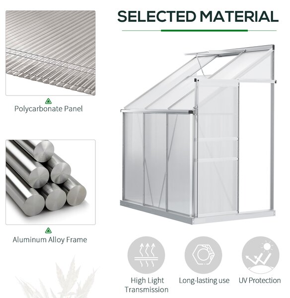 Outsunny Walk In Plastic Greenhouse, Lean to Greenhouse with Adjustable Roof Vent, Rain Gutter and Sliding Door, 2 x 1.2 x 2m, Sliver Aosom UK