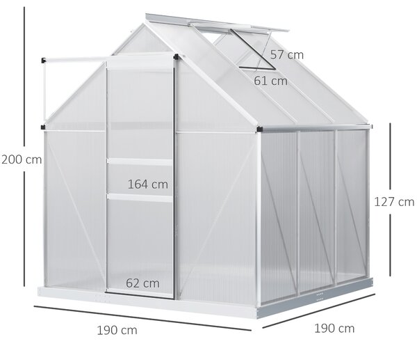 Outsunny 6x6 ft Walk-In Polycarbonate Greenhouse, Durable Aluminium Garden Green House with Adjustable Roof Vent, UV Protection & Galvanised Base for Year-Round Growing Aosom UK
