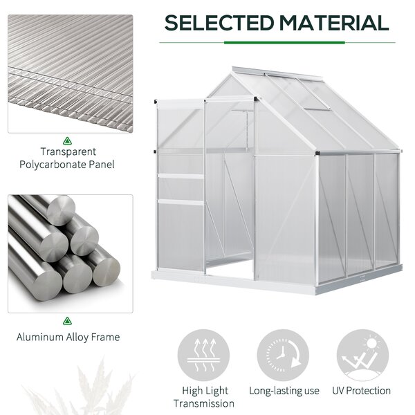 Outsunny 6x6 ft Walk-In Polycarbonate Greenhouse, Durable Aluminium Garden Green House with Adjustable Roof Vent, UV Protection & Galvanised Base for Year-Round Growing Aosom UK