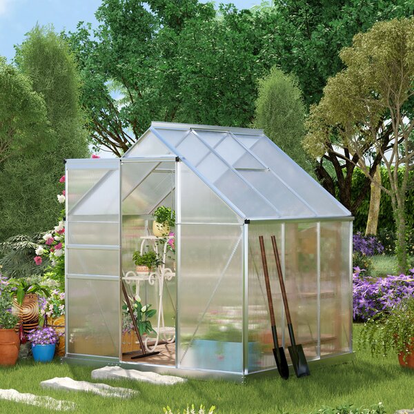 Outsunny 6x6 ft Walk-In Polycarbonate Greenhouse, Durable Aluminium Garden Green House with Adjustable Roof Vent, UV Protection & Galvanised Base for Year-Round Growing Aosom UK