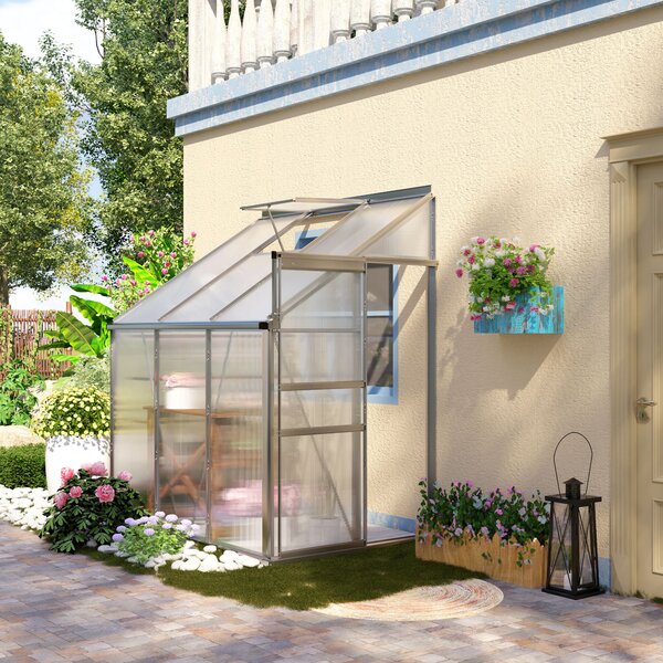 Outsunny Walk In Plastic Greenhouse, Lean to Greenhouse with Adjustable Roof Vent, Rain Gutter and Sliding Door, 2 x 1.2 x 2m, Sliver Aosom UK