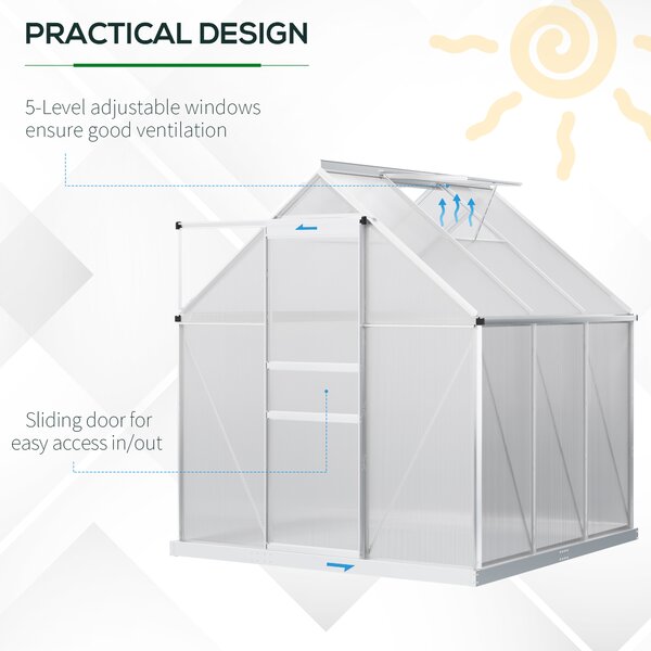 Outsunny 6x6 ft Walk-In Polycarbonate Greenhouse, Durable Aluminium Garden Green House with Adjustable Roof Vent, UV Protection & Galvanised Base for Year-Round Growing Aosom UK