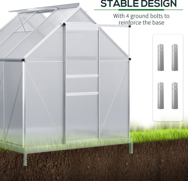 Outsunny 6x6 ft Walk-In Polycarbonate Greenhouse, Durable Aluminium Garden Green House with Adjustable Roof Vent, UV Protection & Galvanised Base for Year-Round Growing Aosom UK