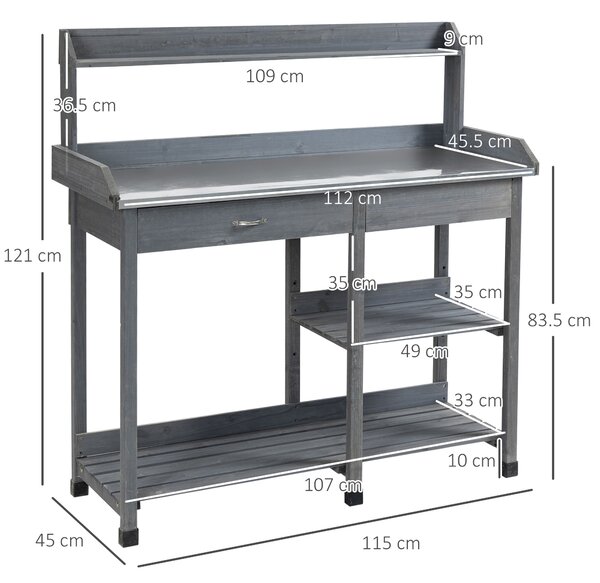 Outsunny Garden Potting Table, Wooden Workstation Bench w/ Galvanized Metal Tabletop, Drawer, Storage Shelves and Hooks for Courtyards, Balcony