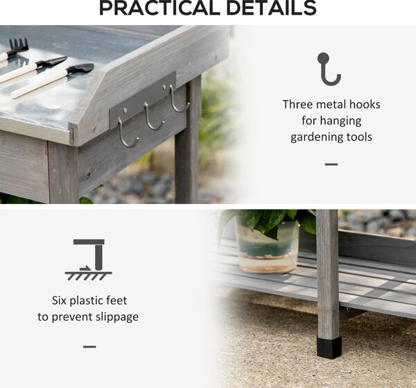 Outsunny Garden Potting Table, Wooden Workstation Bench w/ Galvanized Metal Tabletop, Drawer, Storage Shelves and Hooks for Courtyards, Balcony