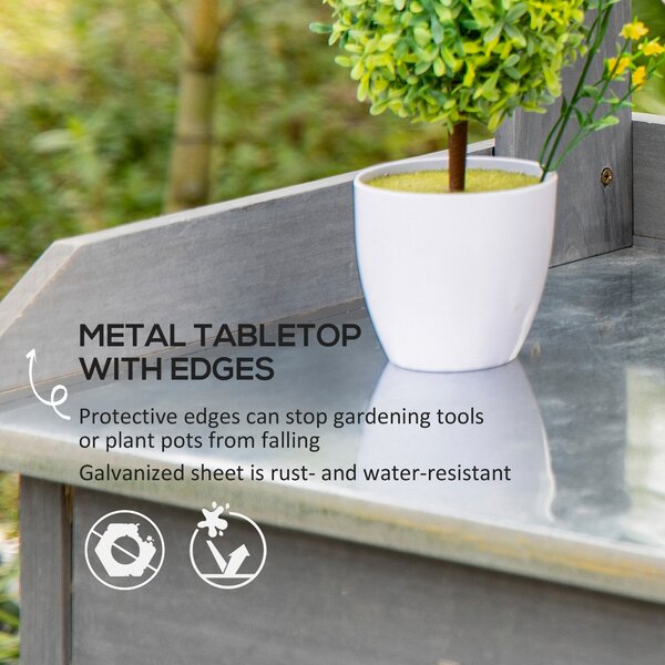 Outsunny Garden Potting Table, Wooden Workstation Bench w/ Galvanized Metal Tabletop, Drawer, Storage Shelves and Hooks for Courtyards, Balcony