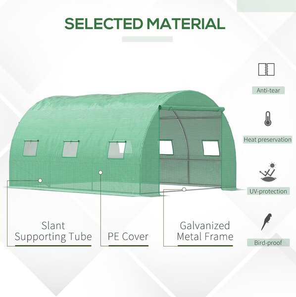Outsunny Poly Tunnel Greenhouse, Outdoor Garden Greenhouse with PE Cover, Zippered Roll Up Door and 6 Windows, 4 x 3 x 2 m, Green Aosom UK