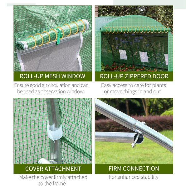Outsunny Poly Tunnel Greenhouse, Outdoor Garden Greenhouse with PE Cover, Zippered Roll Up Door and 6 Windows, 4 x 3 x 2 m, Green Aosom UK