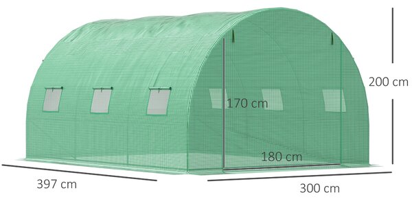 Outsunny Poly Tunnel Greenhouse, Outdoor Garden Greenhouse with PE Cover, Zippered Roll Up Door and 6 Windows, 4 x 3 x 2 m, Green Aosom UK