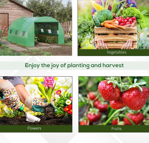 Outsunny Poly Tunnel Greenhouse, Outdoor Garden Greenhouse with PE Cover, Zippered Roll Up Door and 6 Windows, 4 x 3 x 2 m, Green Aosom UK