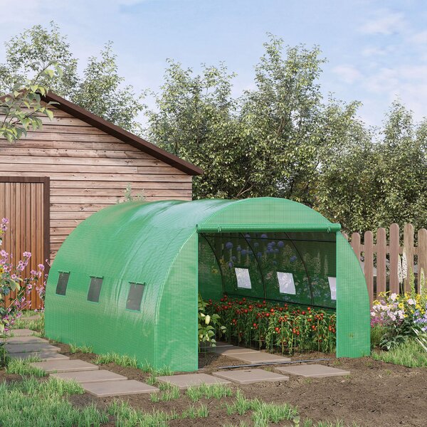 Outsunny Poly Tunnel Greenhouse, Outdoor Garden Greenhouse with PE Cover, Zippered Roll Up Door and 6 Windows, 4 x 3 x 2 m, Green Aosom UK