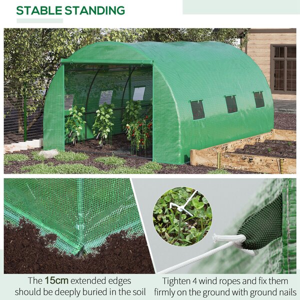 Outsunny Poly Tunnel Greenhouse, Outdoor Garden Greenhouse with PE Cover, Zippered Roll Up Door and 6 Windows, 4 x 3 x 2 m, Green Aosom UK