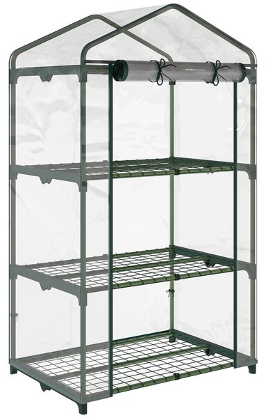 Outsunny Mini Greenhouse Shelving Unit: Clear PVC Panels for Plant Nurturing, Roll-Up Door, 69Lx49Wx125H cm Aosom UK