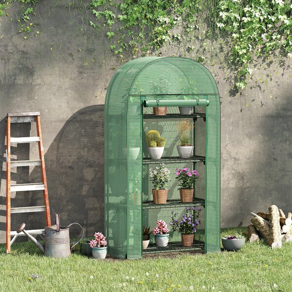 Outsunny Compact Mini Greenhouse Outdoor with Storage Shelf and Roll-Up Zippered Door, 80x49x160cm - Green Aosom UK